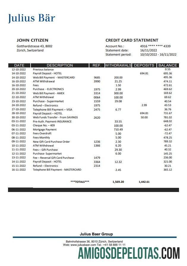 Switzerland Julius Bar extrato bancário amostra